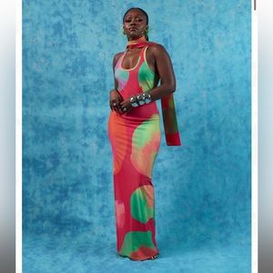 ALEAH PRINTED SCARF MAXI DRESS - PINK POLKA DOTS